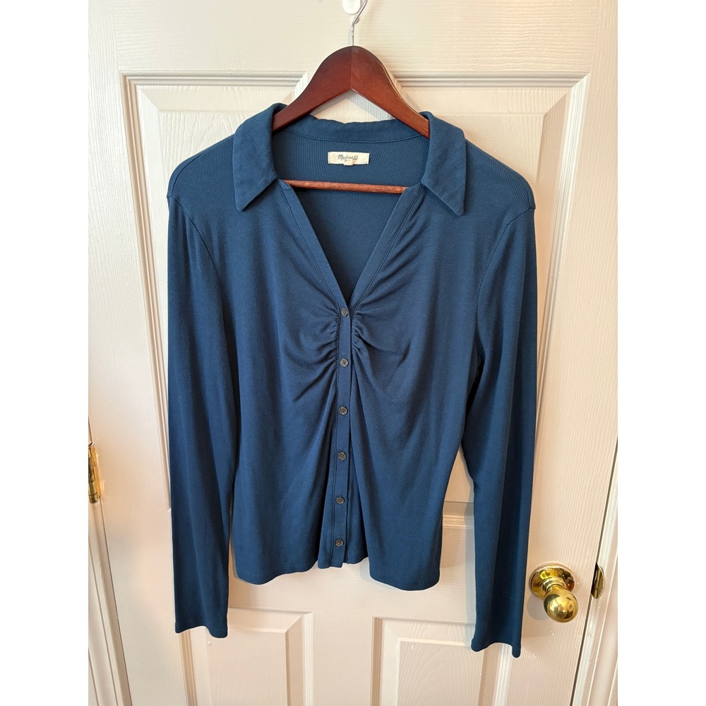 Madewell Blue Ribbed Ruched V-Neck Button Front Long Sleeve Top NI081 XXL